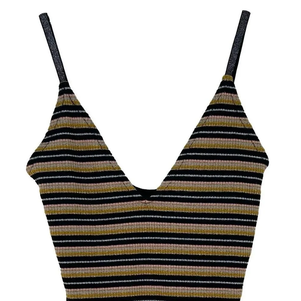 Topshop Nordstrom Bodysuit Women's Sz 2 Multicolor Stripe Ribbed Metallic V-Neck
